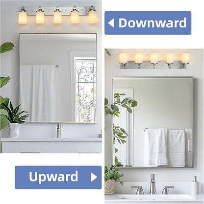 LOUSACE Bathroom Lighting Fixtures Over Mirror Brushed Nickel 5 Light Bathroom Vanity Lights with Opal White Glass Shades, Modern Vanity Wall Sconces Fixture for Bedroom Living Room