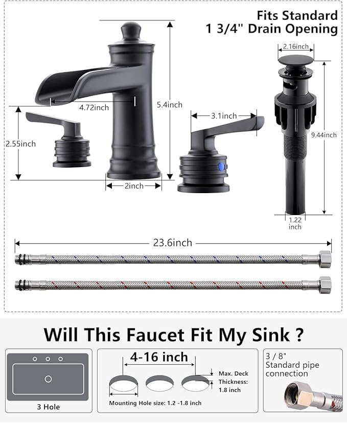 Fapully Matte Black Bathroom Sink Faucet, Waterfall Bathroom Faucets 3 Hole, 8 Inch Widespread Bathroom Faucet with Pop-up Drain, 2-Handle Faucet for Bathroom Sink Vanity RV