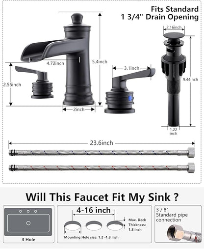 Fapully Matte Black Bathroom Sink Faucet, Waterfall Bathroom Faucets 3 Hole, 8 Inch Widespread Bathroom Faucet with Pop-up Drain, 2-Handle Faucet for Bathroom Sink Vanity RV