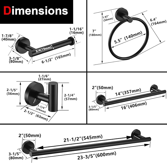 6 Pieces Matte Black Bathroom Hardware Accessories Set Hand Towel Ring 16&23.6 inch Round Towel Bar Silver Toilet Paper Holder Towel Hooks 2 Pieces SUS 304 Stainless Steel,Heavy Duty,Wall Mounted