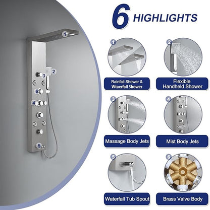 ROVATE 6 in 1 Shower Panel Tower System with Rainfall Waterfall Head, Brushed Shower Tower with Body Jets and Rainfall and Handheld, Tub Spout, Brushed Stainless Steel Shower Column High Pressure