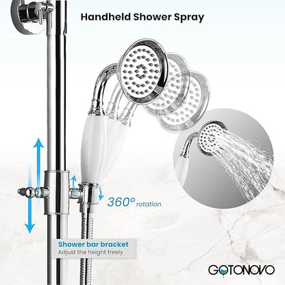 gotonovo Bathroom Shower Fixture Polish Chrome 8 Inch Rainfall Shower Head Set Wall Mount Shower Faucet and Handheld Spray Double Cross Handle