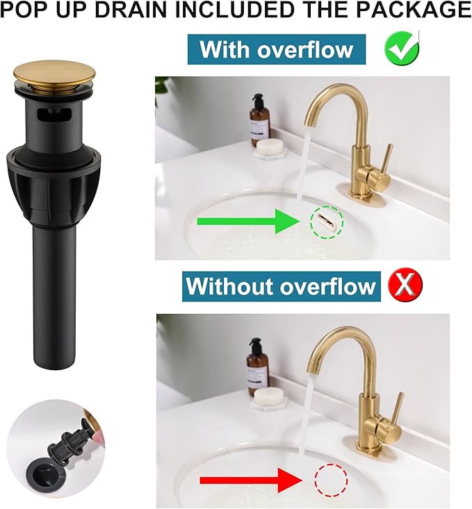 Gold Bathroom Faucets - Single Hole Waterfall Vanity Sink Faucet with Drain Assembly, Brushed Gold Waterfall Bathroom Faucets 360° Swivel Spout Vanity Faucet Single Handle Lavatory Faucets