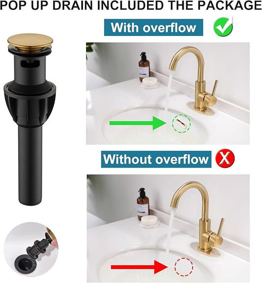 Gold Bathroom Faucets - Single Hole Waterfall Vanity Sink Faucet with Drain Assembly, Brushed Gold Waterfall Bathroom Faucets 360° Swivel Spout Vanity Faucet Single Handle Lavatory Faucets
