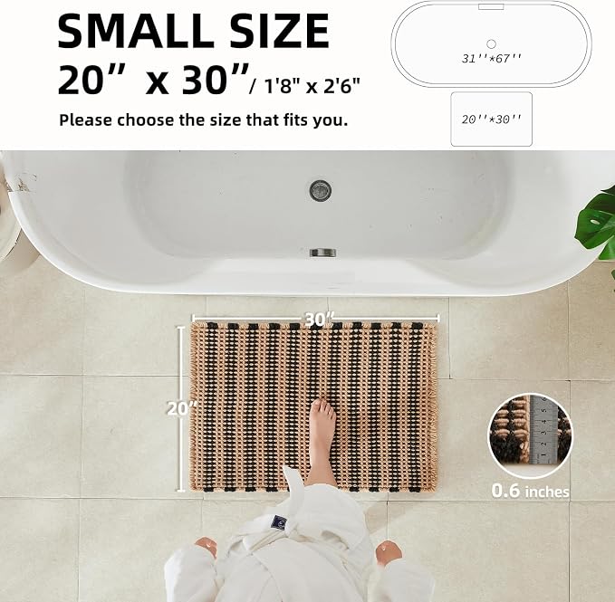 TYUU Waffle Bath Mat, Boho Bathroom Rugs Non Slip, 30x20 Black & Khaki | Super Absorbent Quick Dry Bath Rug, Non-Slip Backing, Soft Waffle Washable Farmhouse Bathroom Mats, Tub, Shower & Home Decor