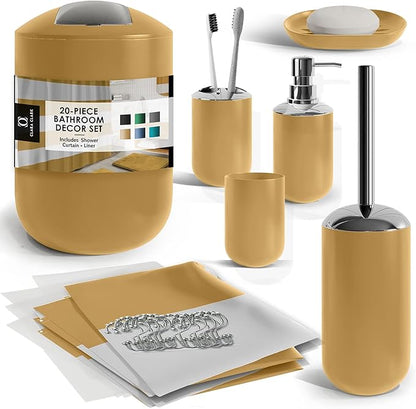 Clara Clark Bathroom Set - Gold Bathroom Accessories Set, 20PC Bathroom Accessory Set, Shower Curtain Set with Liner, Toothbrush Holder, Soap Dispenser, Soap Dish, Toilet Brush Holder, and Trash Can