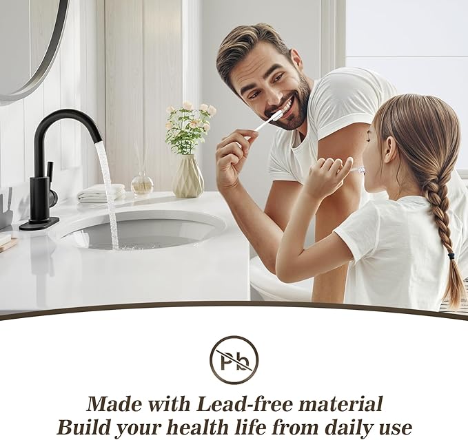 Phiestina Single Hole Matte Black Single-Handle High-Arc Stainless Steel Faucet for Pre-Kitchen Sink/Bar Sink/Bathroom Sink, with 4 Inch Deck Plate and Supply Hoses, Matte Black, WE08E-MB