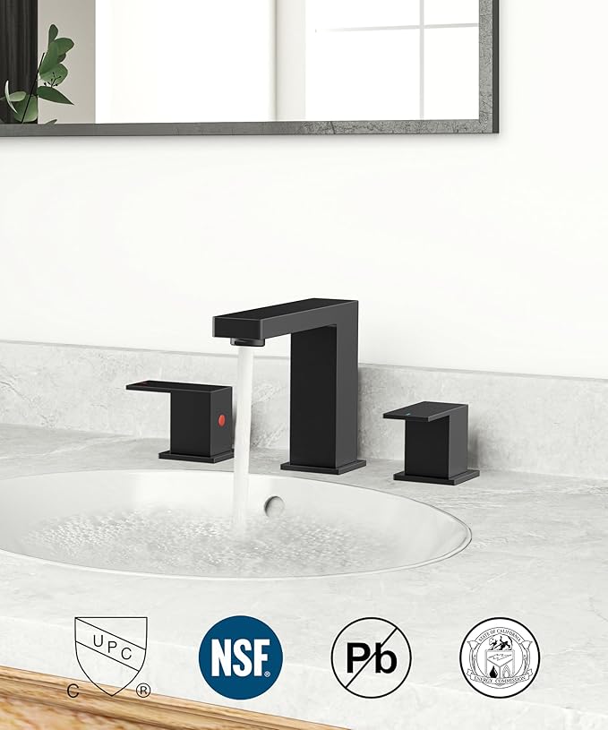 QFN Lead-Free Matte Black Bathroom Faucet 3 Hole, Square Bathroom Sink Faucet 8 Inch Widespread, 2 Handle for 6"-12" Vanity Sink with Metal Pop Up Drain and 24" cUPC Supply Hoses