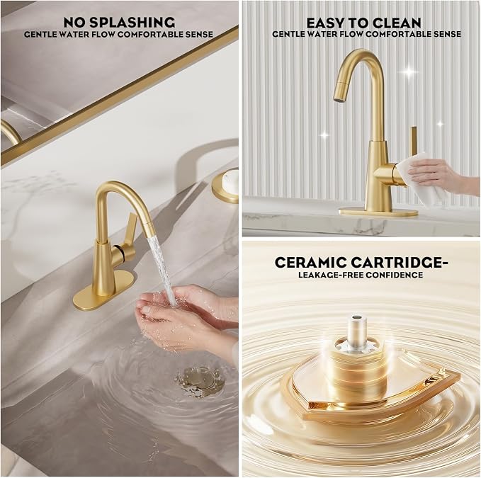 Brushed Gold Tall Bathroom Sink Faucet with Pull Down Sprayer, High Arc Single Handle Pull Out Faucet with Pop-Up Drain, 1 or 3 Hole Laundry Bar Basin Faucet with Deck Plate,WE10CL-ZY-BG