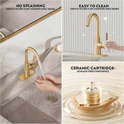 Brushed Gold Tall Bathroom Sink Faucet with Pull Down Sprayer, High Arc Single Handle Pull Out Faucet with Pop-Up Drain, 1 or 3 Hole Laundry Bar Basin Faucet with Deck Plate,WE10CL-ZY-BG