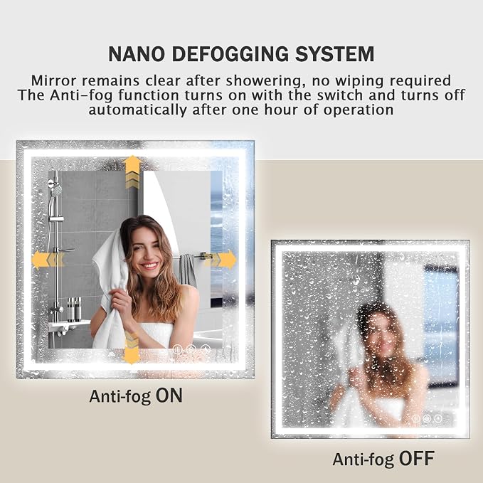 Koonmi 47x47 LED Bathroom Mirror with Light, Anti-Fog, 3 Colors | Backlit + Front Lit, Dimmable Brightness, Shatterproof HD Distortion-Free Tempered Glass, Hardware Included