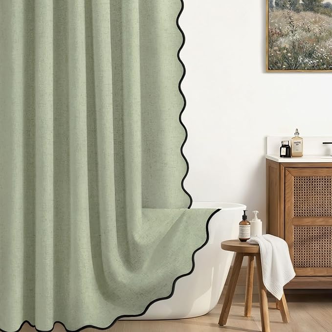 Scalloped Shower Curtain Linen Boho Flax Green 72" W x 72" L | Linen Fabric, Black Border, Washable, Heavy Duty Cloth, Shower Curtain for Boho Farmhouse Bathroom Bathtub