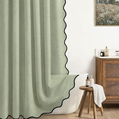 Scalloped Shower Curtain Linen Boho Flax Green 72" W x 72" L | Linen Fabric, Black Border, Washable, Heavy Duty Cloth, Shower Curtain for Boho Farmhouse Bathroom Bathtub