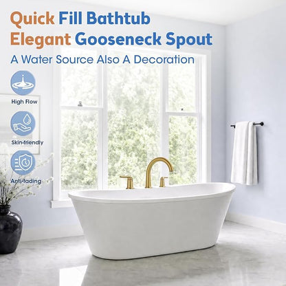 Roman Tub Faucet 3 Hole Deck Mount Tub Filler High Flow Brushed Gold | With Ceramic Valve, Solid Brass, High Arch Bathtub Faucet, 2-Handle Design, Widespread Mount, Garden Bath Tub Faucet