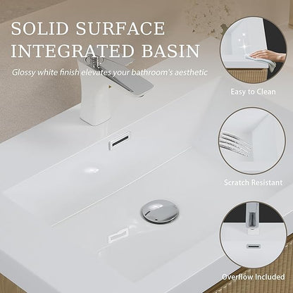 42 Inch Floating Bathroom Vanity with Sink, Modern Oak Wall Mounted Floating Vanity with Glossy Resin Sink, Soft Closing Drawer, Fully Pre Assembled Bathroom Vanity, Natural Oak
