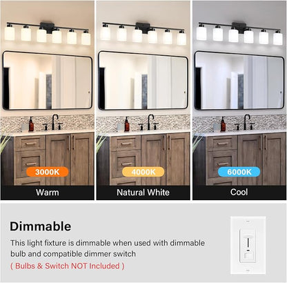 FonmYim Black Bathroom Light Fixtures Vanity Lights Over Mirror | Modern 6-Light lighting fixtures for bathroom with Milky White Frosted Glass Shades, E26 Socket (Bulbs Not Included)