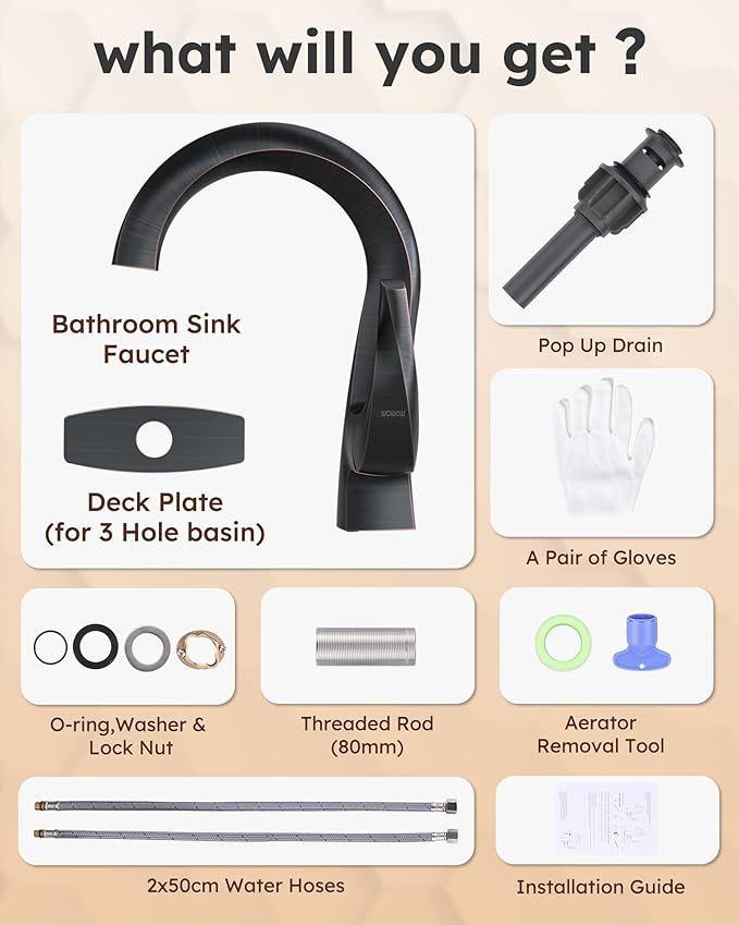 WOWOW Single Handle Bathroom Faucet 1 Hole High Arc Bathroom Basin Oiled Rubbed Bronze with Pop Up Drain, Solid Brass Commercial Bathroom Sink Faucet Basin Vanity Bar Faucet (Patented Product)