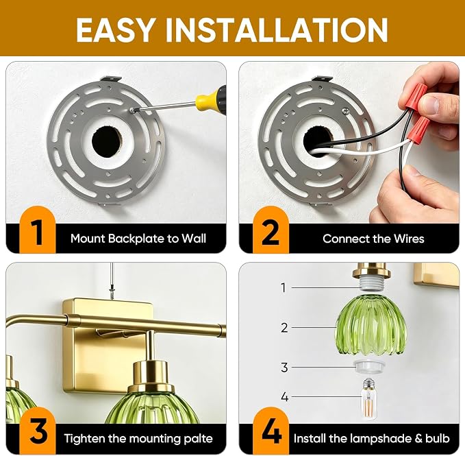 Ralbay Vintage Bathroom Light Fixtures,Gold Bathroom Vanity Light,Matte Antique Brass Finish with Green Crystal Glass Shade,Wall Sconces Lighting for Bedroom,Living Room,Hallway(3-Light)