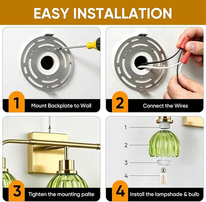 Ralbay Vintage Bathroom Light Fixtures,Gold Bathroom Vanity Light,Matte Antique Brass Finish with Green Crystal Glass Shade,Wall Sconces Lighting for Bedroom,Living Room,Hallway(3-Light)