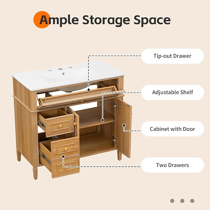 36" Modern Bathroom Vanity with Ceramic Sink, Tilt-Out Drawer & 2 Drawers, Solid Wood Frame Freestanding Storage Cabinet w/2 Soft-Close Doors & Adjustable Shelf, Rubberwood Handles, Wood