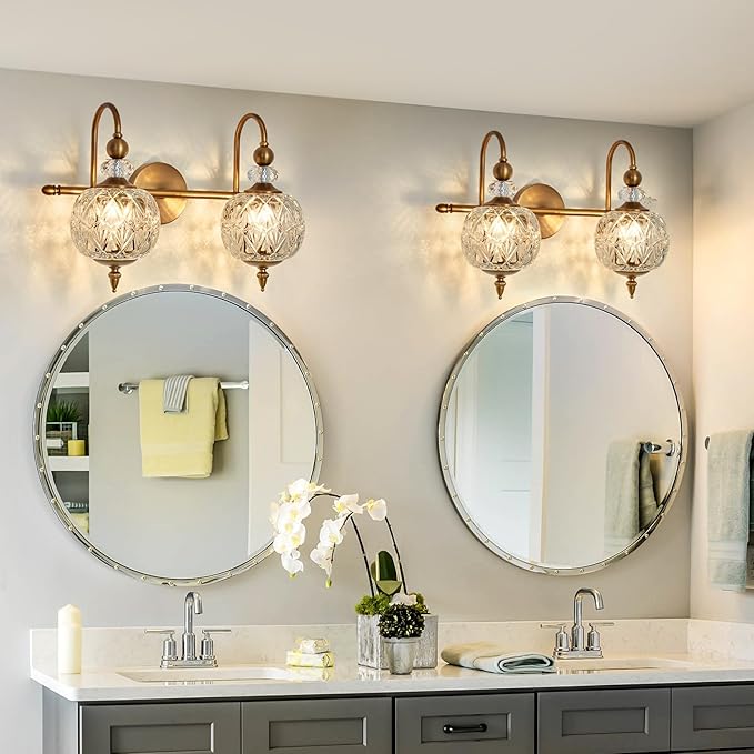 Vintage Bathroom Light Fixtures Gold Vanity Light with Glass Globe LampShade 2 Lights Mid Century G9 Bulb Wall Sconce Indoor Vanity Light Over Mirror for Bedroom Farmhouse Hallway