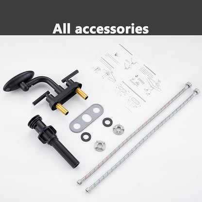 Matte Black Bathroom Sink Faucet，Modern 3 Hole Bathroom Faucet 2 Handle 4 Inch Centerset with 4 Water Outlet Modes, 360° Swivel Spout & Pop-Up Drain