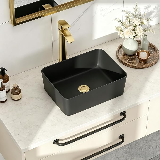 Matte Black Vessel Sink 16x12 inch Bathroom Sink | Rectangle Ceramic Porcelain Stain Resistant Vanity Basin for Bathroom & Powder Room