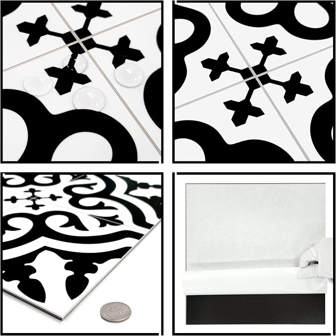 The Tiles Plaza Encaustic Peel and Stick Backsplash, Black and White Patterned Vintage Stick on Tiles, Stone Composite Self-Adhesive Wall Tile Sticker for Kitchen Bathroom Fireplace Stairs, 10 Sheets