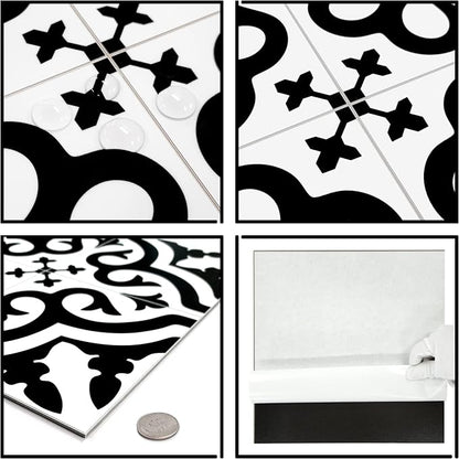 The Tiles Plaza Encaustic Peel and Stick Backsplash, Black and White Patterned Vintage Stick on Tiles, Stone Composite Self-Adhesive Wall Tile Sticker for Kitchen Bathroom Fireplace Stairs, 10 Sheets