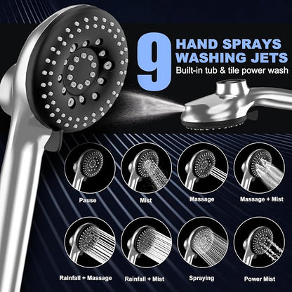 12 Inch High Pressure Rainfall Shower Head Combo,9 Settings Handheld Shower | Height/Angle Adjustable, 3 Spray Modes, Anti-leak, Built-in Magnetic Docking,Washing Jets,Holder, 59" Shower Hose, 1.75GPM