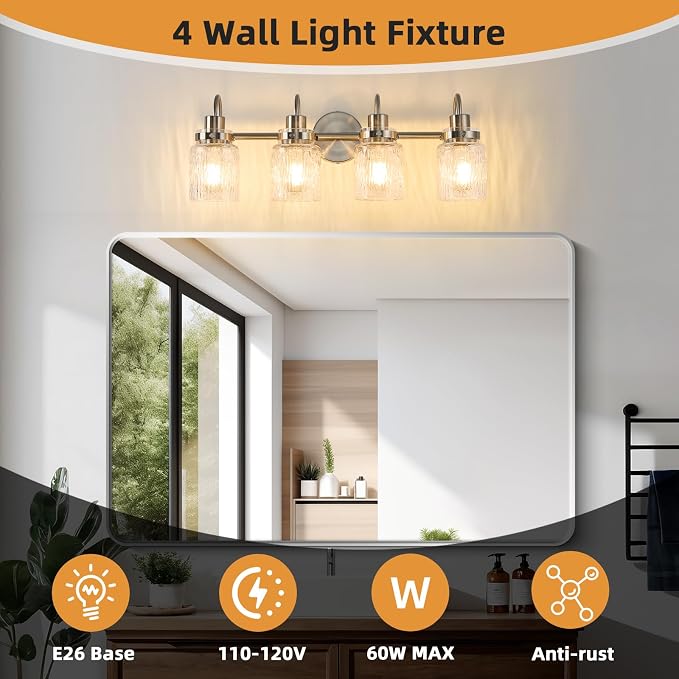 4 Lights Bathroom Vanity Light, Brushed Nickel Bathroom Light Fixtures with Hammered Glass Lampshade for Dressing Table,Over Mirror,Hallway