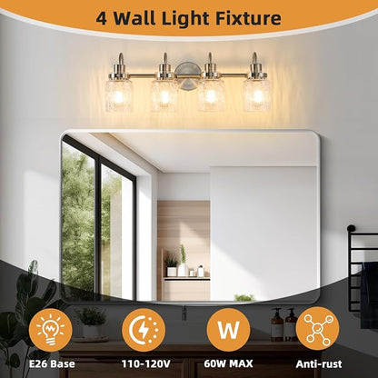 4 Lights Bathroom Vanity Light, Brushed Nickel Bathroom Light Fixtures with Hammered Glass Lampshade for Dressing Table,Over Mirror,Hallway