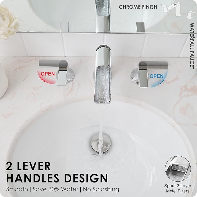 Chrome Modern Bathroom Faucet Waterfall 4-8 Inch 3 Hole Bathroom Sink Faucet Widespread with Pop-up Drain and cUPC Supply Line, 2 Handle for Vanity, Lavatory, Restroom, Apartment, Brass Material