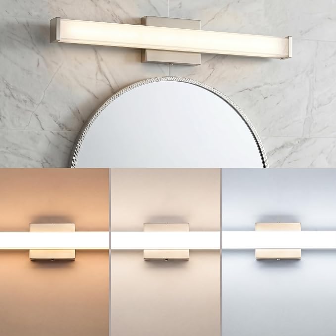 URSOLA 24" Modern LED Bathroom Light Fixtures, Brushed Nickel 3CCT Dimmable Bathroom Vanity Light Over Mirror, Bathroom Vanity Bath Bar Lights with Double Layer Acrylic Shade