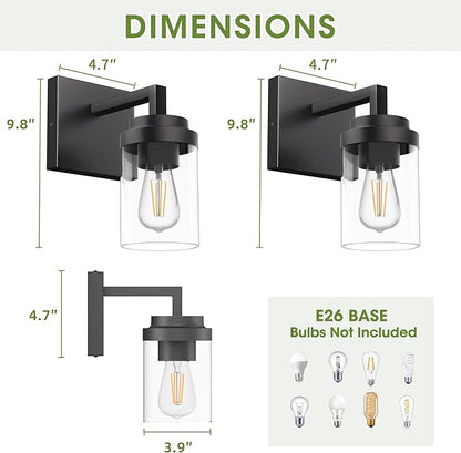 Espird Matte Black Wall Lights, Set of 2 Wall Sconce with Clear Glass Shade, Farmhouse Sconce Lights, Wall Mount Lamp for Bedroom Mirror Living Room