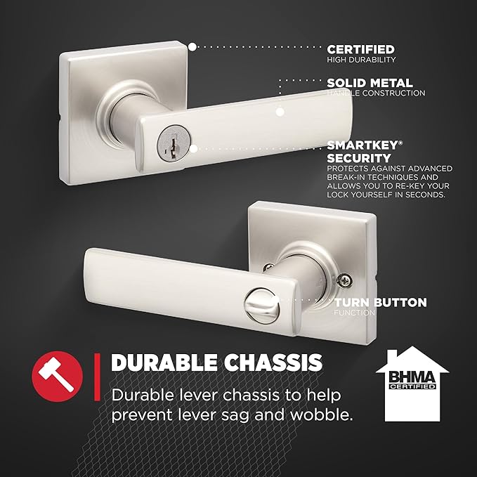 Kwikset Breton Entry Door Handle with Lock and Key, Secure Keyed Reversible Lever Exterior, For Front Entrance and Bedrooms, Satin Nickel , Pick Resistant Smartkey Rekey Security and Microban