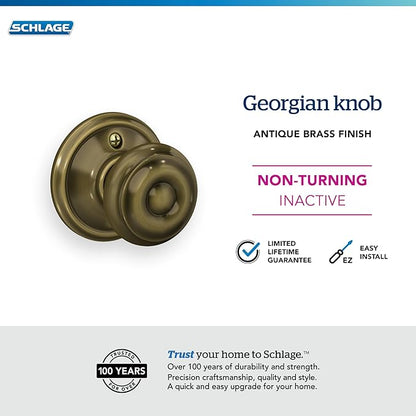 Schlage F170 GEO 609 Georgian Door Knob, One Sided Non-Turning Dummy Door Handle, Antique Brass