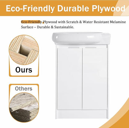 Malwee 23 Inch Freestanding Bathroom Vanity with Sink, 23'' Floor Stand Single Sink Bathroom Vanity Combo, Modern White Cabinet Set with 2 Doors and Ceramics Basin Top, Ajustable Shelf.MA02923GWH