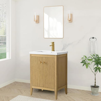 HOMEBEYOND 24" Bathroom Vanity with Ceramic Sink, Solid Wood Free-Standing Vanities Cabinet, Ceramic Top, Golden Brushed Handware & Soft Closing Door, Natural Oak