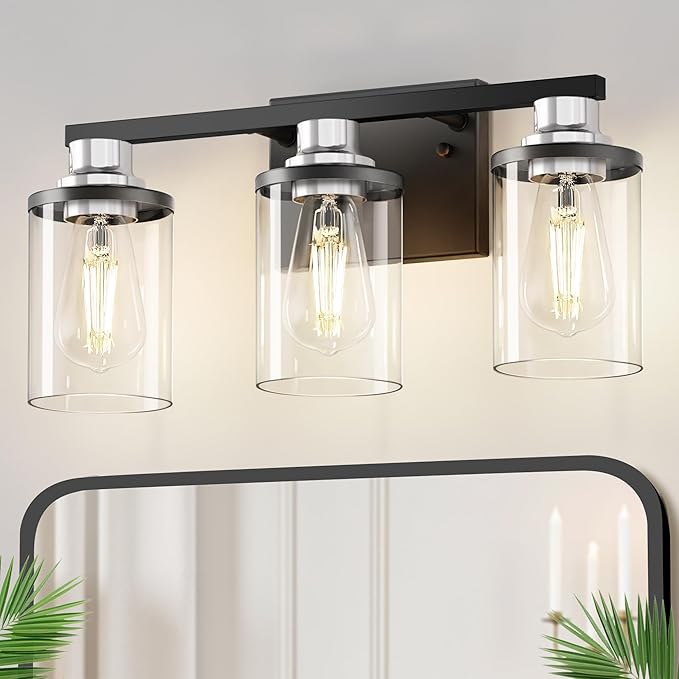 DORESshop 17 Inch Bathroom Light Fixtures, 3-Light Black and Chrome Bathroom Lighting Fixtures Over Mirror with Clear Glass Shade, Vanity Lights for Living Room Bedroom