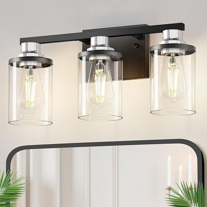 DORESshop 17 Inch Bathroom Light Fixtures, 3-Light Black and Chrome Bathroom Lighting Fixtures Over Mirror with Clear Glass Shade, Vanity Lights for Living Room Bedroom