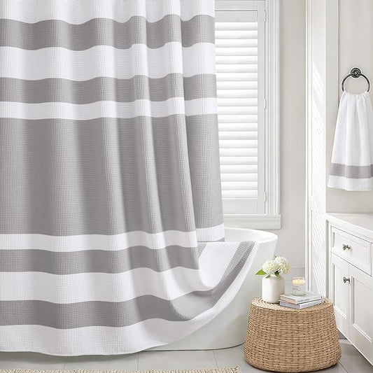 Grey Shower Curtain Cotton Waffle Stripe Shower Curtains for Bathroom 72"x72"