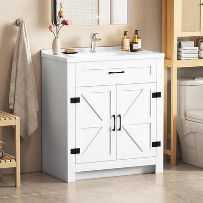 32" Farmhouse Bathroom Vanity with Ceramic Sink, 2 Barn Door Design, Freestanding Storage Cabinet, Actual 31.5" L x 18.5" W x 35.4" H, White