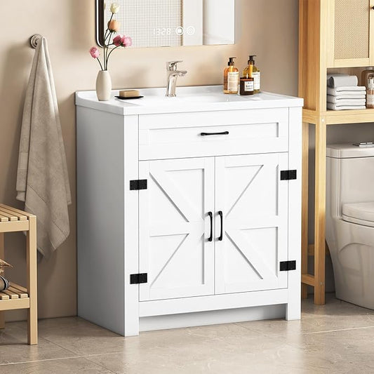 32" Farmhouse Bathroom Vanity with Ceramic Sink, 2 Barn Door Design, Freestanding Storage Cabinet, Actual 31.5" L x 18.5" W x 35.4" H, White
