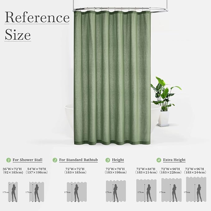 KGORGE Linen Fabric Shower Curtain Set-Semi Sheer Lightweight Waterproof Thick Cloth Neutral Washable Shower Curtains for Bathroom Bathtub Decor, Forest Green, W72 x L84, 12 Hooks Included, 1 Panel