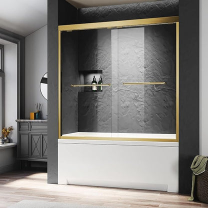 Gold Bathtub Sliding Doors,56-60 inch W x 57 inch Height Shower Doors with 1/4 inch Clear Tempered Glass,Semi-Frameless Bypass Tub Doors with Stainless Steel Hanles