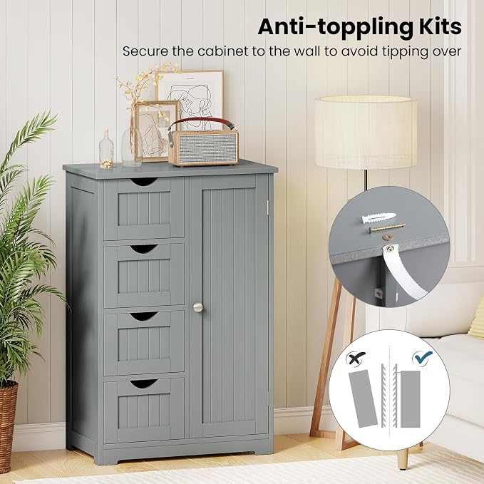 Giantex Bathroom Cabinet, Freestanding Storage Cabinet with 1 Door & 4 Drawers, 3-Level Adjustable Shelf, Anti-toppling System, Modern Storage Organizer for Bathroom, Living Room, Kitchen (Gray)