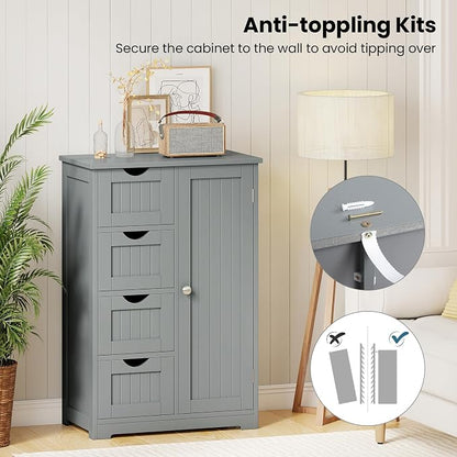 Giantex Bathroom Cabinet, Freestanding Storage Cabinet with 1 Door & 4 Drawers, 3-Level Adjustable Shelf, Anti-toppling System, Modern Storage Organizer for Bathroom, Living Room, Kitchen (Gray)