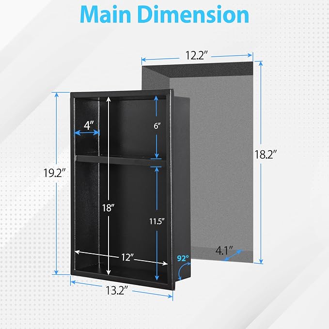 304 Stainless Steel Shower Niche 12” x 18” for Bathroom Storage | Matte Black Recessed Shower Niche No Tile Needed with 2-Tier Shelves for Bathroom Space Saving
