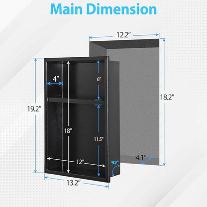 304 Stainless Steel Shower Niche 12” x 18” for Bathroom Storage | Matte Black Recessed Shower Niche No Tile Needed with 2-Tier Shelves for Bathroom Space Saving